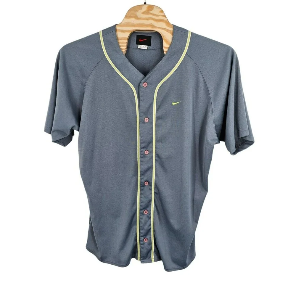 Nike Vintage Baseball Jersey Button‎ Up Spellout Embroidered Gray 2XL Swoosh 90s